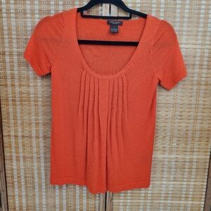 ◇ Henri Bendel Orange Cashmere Pleated Scoopneck Short Sleeve Sweater Size Small